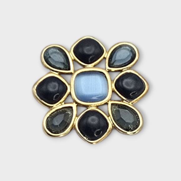 Blue Cat’s Eye Flower Brooch Gold Tone Statement Vintage Style Pin - Picture 1 of 4